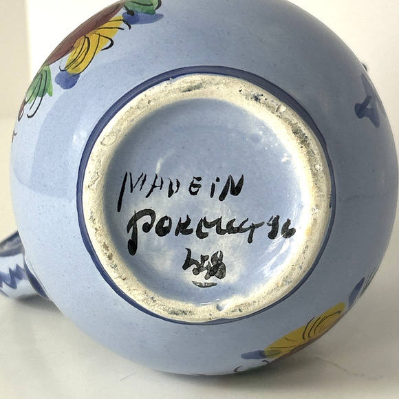 Vestal Alcobaca Portugal Pottery Drink Pitcher Blue Floral Red Flower - Picture 6 of 6